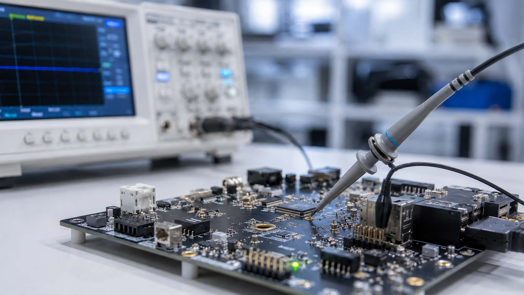 Embedded-System im professionellen Messaufbau mit Leiterplatte, Oszilloskop und Messspitze